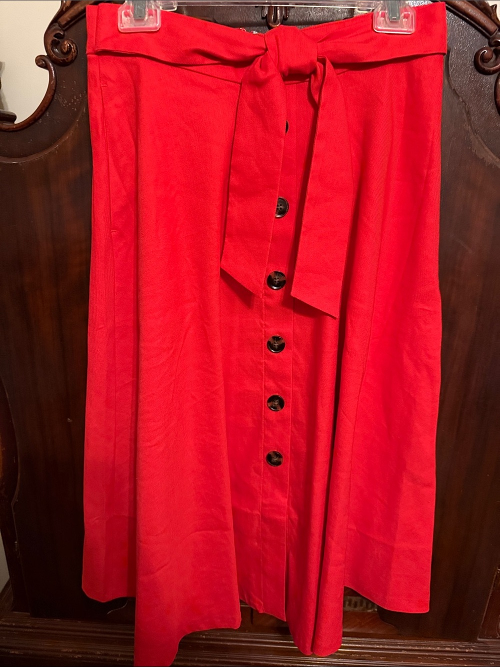 Ann Taylor Red Button-Front Tie-Waist Midi Skirt